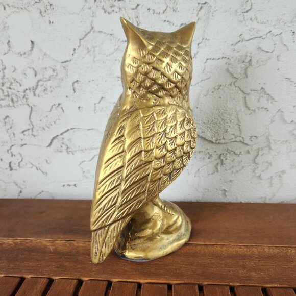 Vintage Solid Brass Owl Sculpture — 9.25" Tall — Hefty Statement Decor - Picture 5 of 7